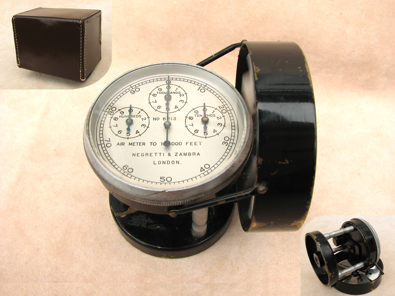 Vintage Negretti & Zambra medium speed Air meter in fitted leather case